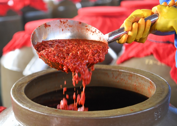 麻江縣明洋食品廠生產車間內工人正在查看紅酸湯發酵情況。麻江縣融媒體中心供圖