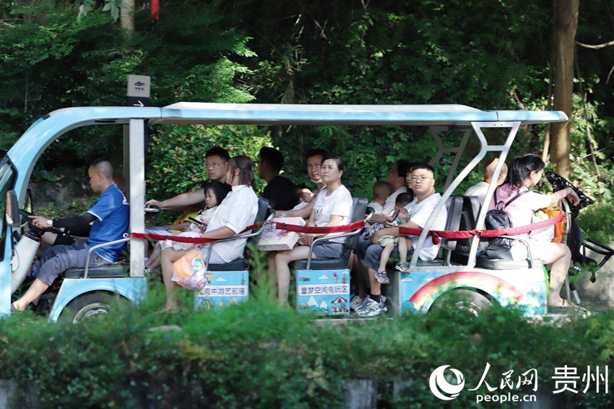 市民在阿哈湖公園內乘坐交通車。人民網 顧蘭云攝