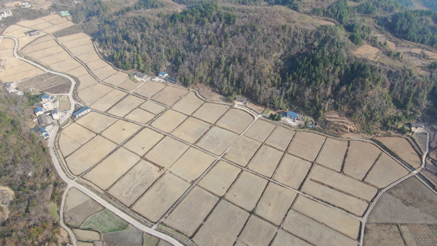 航拍下的壩區和村莊。吳啟萍攝
