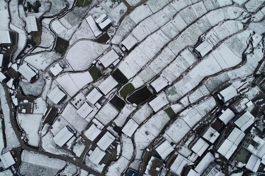 五一村雪后景色（無人機照片）。楊勝賢攝