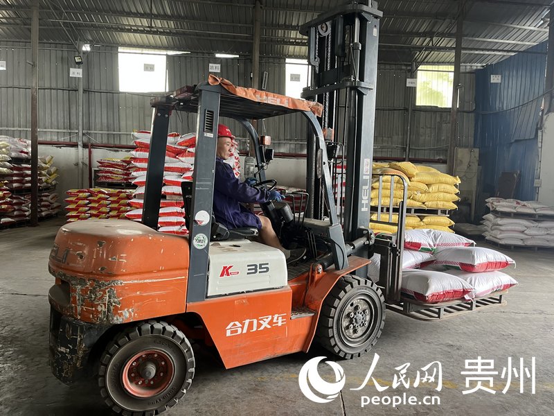 工人在貴州興邦農業科技有限公司工廠里拖運飼料。人民網 李麗萍攝