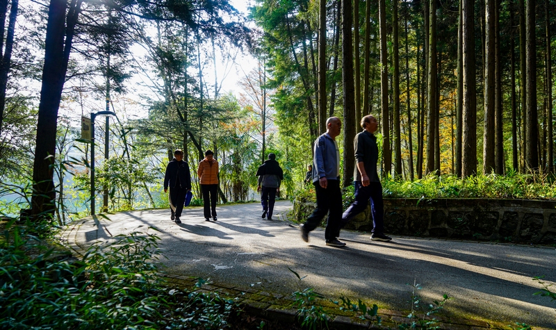 11月17日,市民在貴州省六盤水市明湖國家濕地公園瑤池湖畔散步(趙樺 攝)