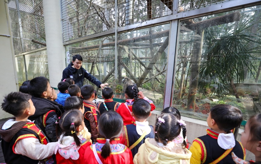 2025年3月19日，小朋友在貴州梵凈山國家級自然保護區黔金絲猴研究中心參加自然教育活動。