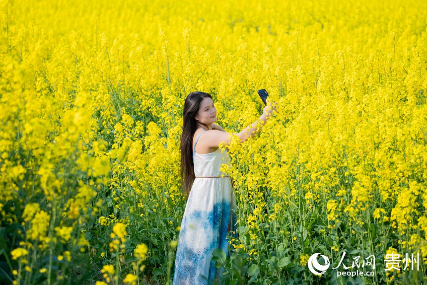 游客在油菜花田中賞花拍照。人民網記者 涂敏攝