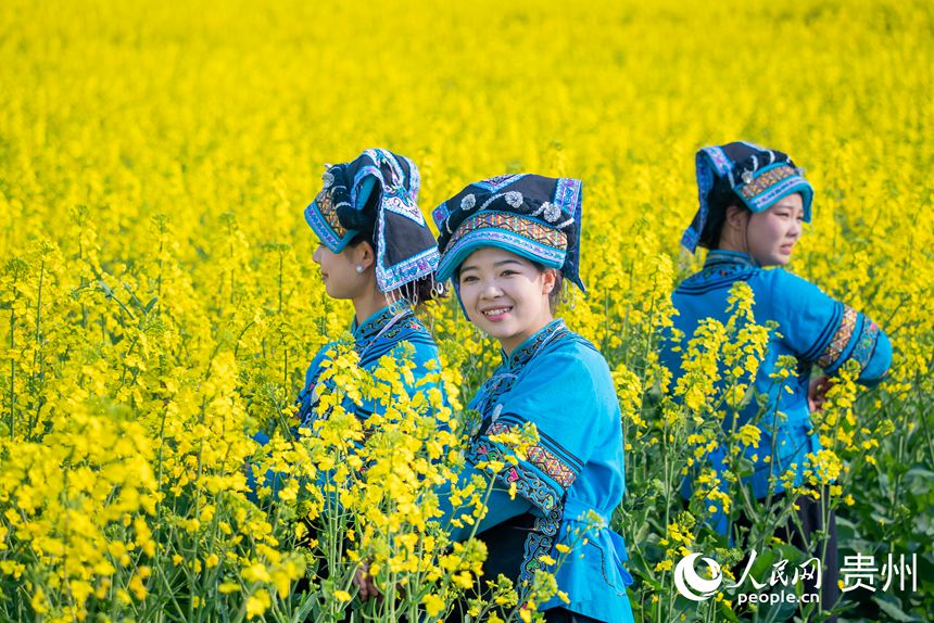 身著少數(shù)民族服飾的女孩在花田中拍照。人民網(wǎng)記者 涂敏攝