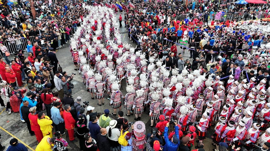 航拍臺(tái)江苗族姊妹節(jié)萬(wàn)人盛裝游演。邰光政攝