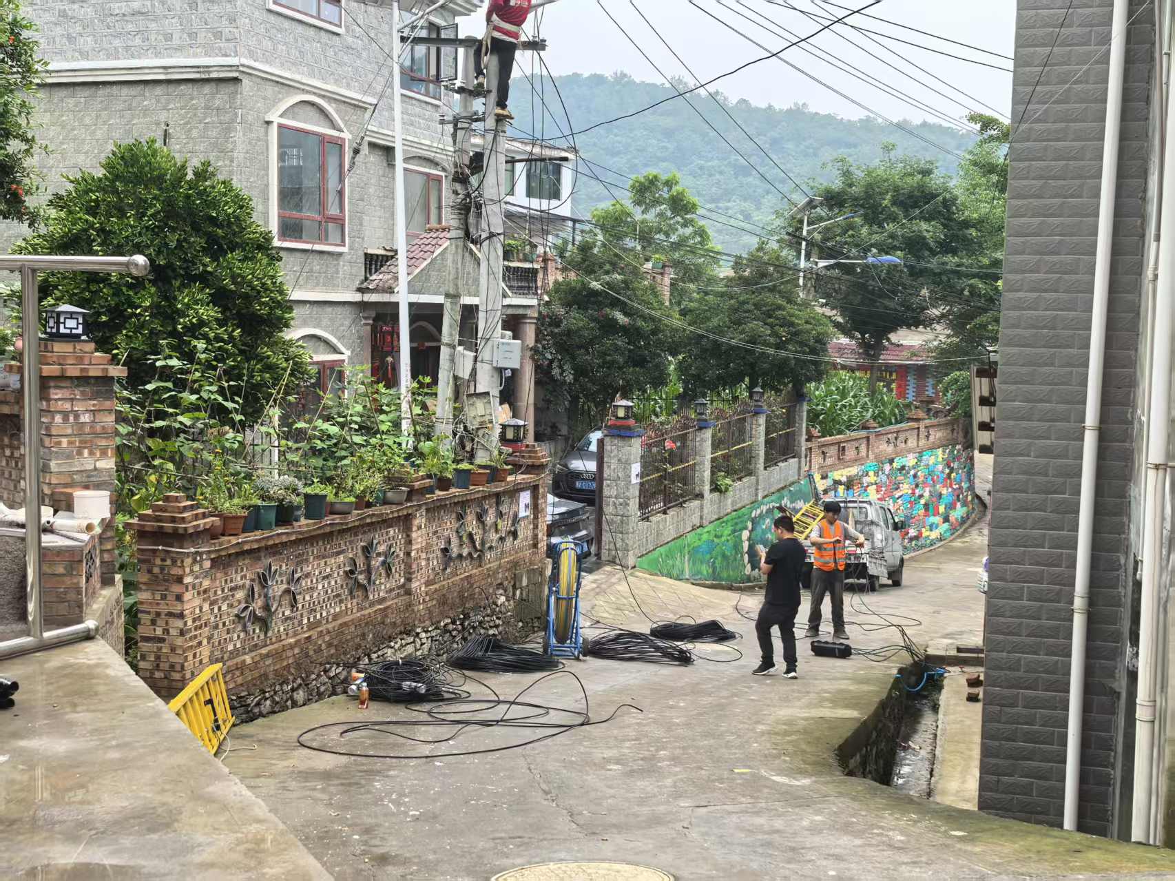 工作人員正在搭建通信線纜。岳強攝