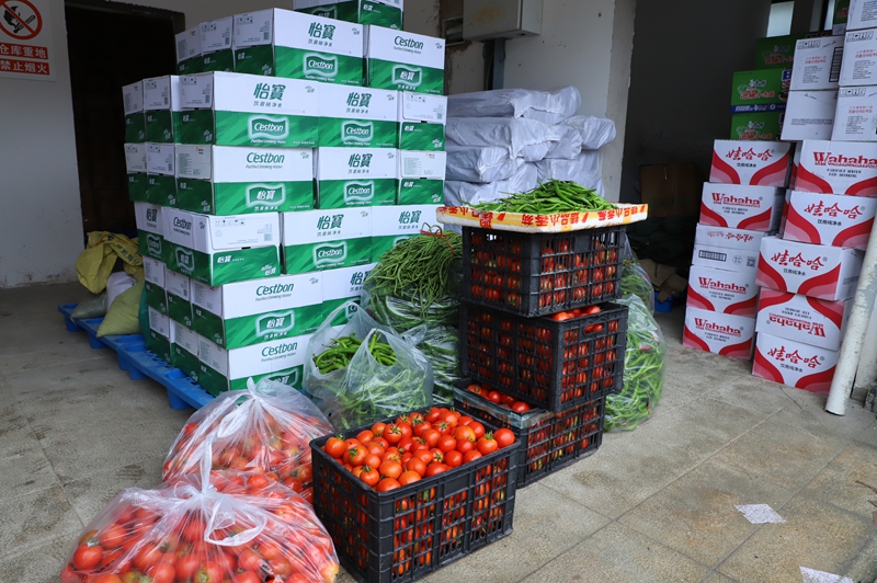 群眾捐贈的蔬菜和物資。