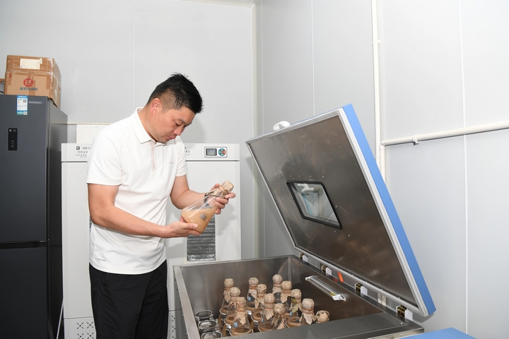 圖為貴州黔赫堂藥業(yè)集團(tuán)有限公司董事長(zhǎng)李云查看菌種研發(fā)培育情況。閔罡 攝.jpg