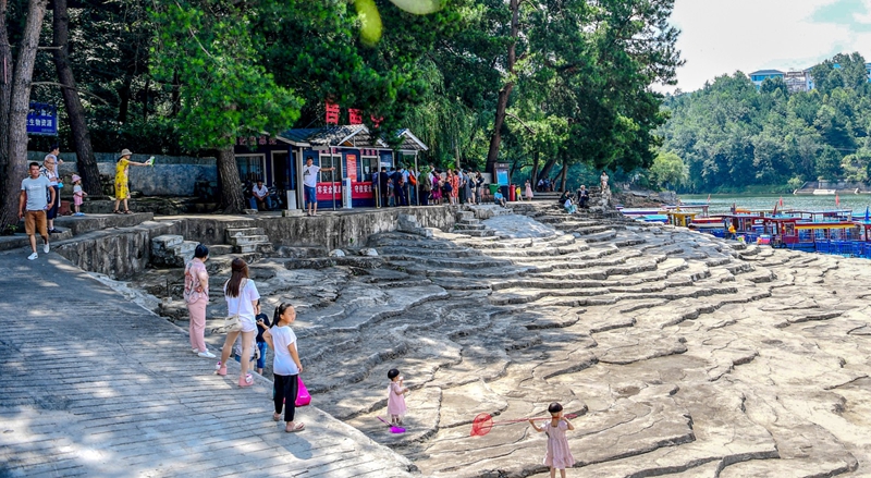 眾多游客在百花湖畔納涼避暑。