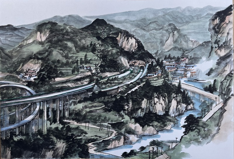 著名畫家王乘在赫章塔山公園觀景畢威高速赫章互通的畫作。王永勝攝