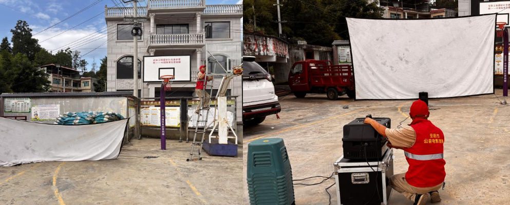 農(nóng)村電影公益放映員李小仲在為電影放映做準(zhǔn)備。