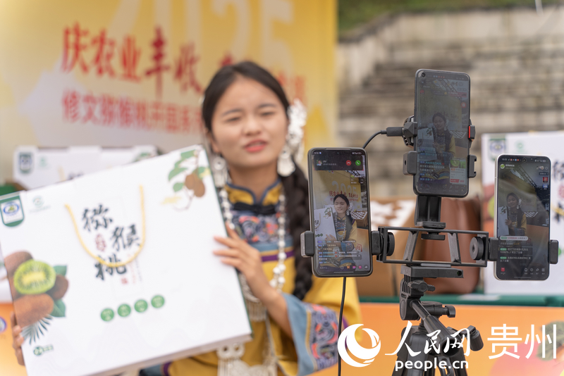 參展商在活動現場直播推薦修文獼猴桃。人民網記者 涂敏攝
