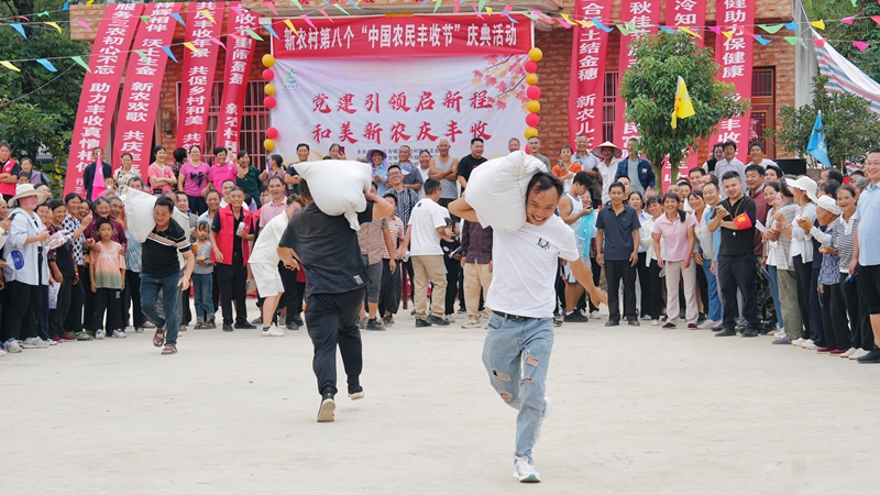 村民們正在進行高粱負重接力賽,扛起沉甸甸的高粱,健步如飛。