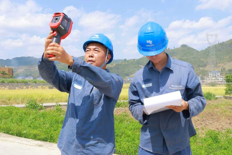 供電局工作人員用測溫儀沿著田間電力線路逐桿、逐段排查。