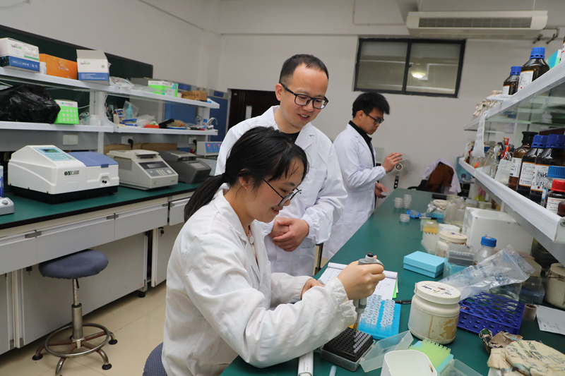 武漢大學(xué)幫扶貴州師范大學(xué)生物學(xué)團隊老師在實驗室與學(xué)生交流。